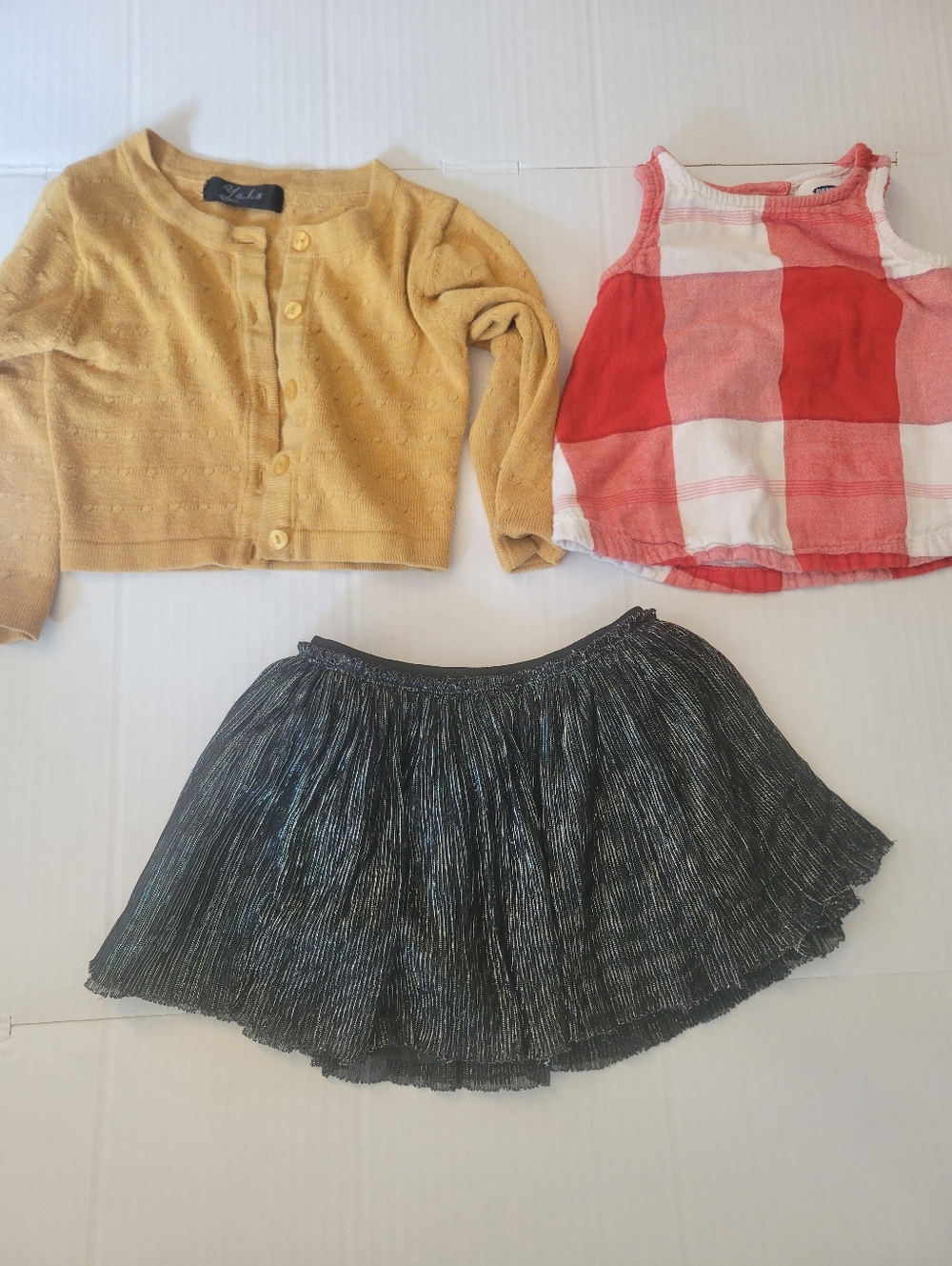Girls Yellow Cardigan, Red Check Tank & Shimmer Black Skirt Set